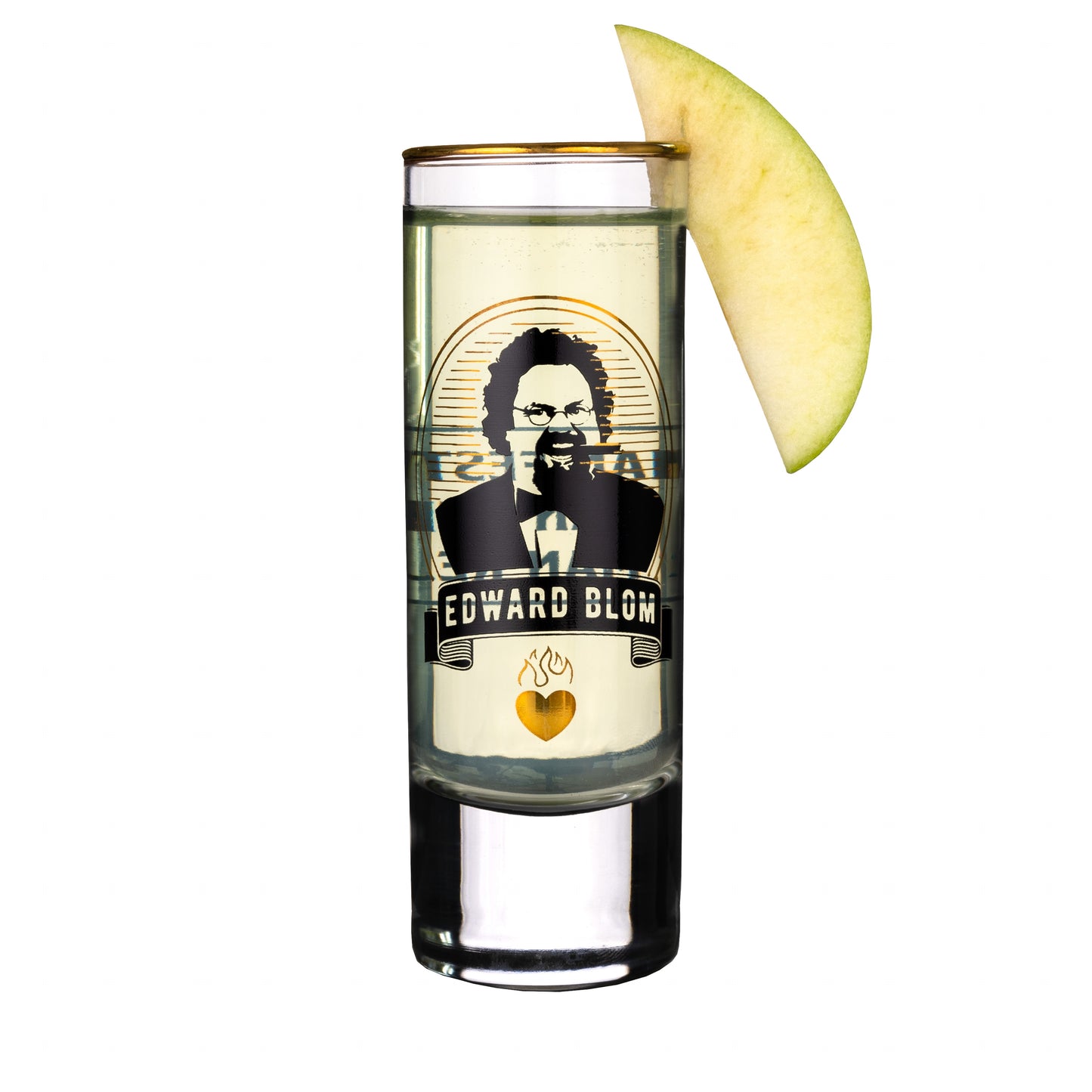 Shotglas, Med citat, Edward Blom, Framsida, Med frukt fast på toppen, Fyllt glas, Med dryck i, Vit bakgrund, Glaset är stående, Guldkantad topp