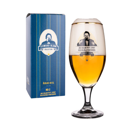 Ölglas, Med citat, Edward Blom, Framsida, Vit bakgrund, Med dryck i, Present kartong, JAG GILLAR FETT, SPRIT OCH REJÄLA PORTIONER.