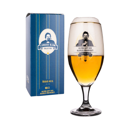 Ölglas, Med citat, Edward Blom, Framsida, Vit bakgrund, Med dryck i, Present kartong, ALLTING GOTT OCH ALLDELES FÖR MYCKET!
