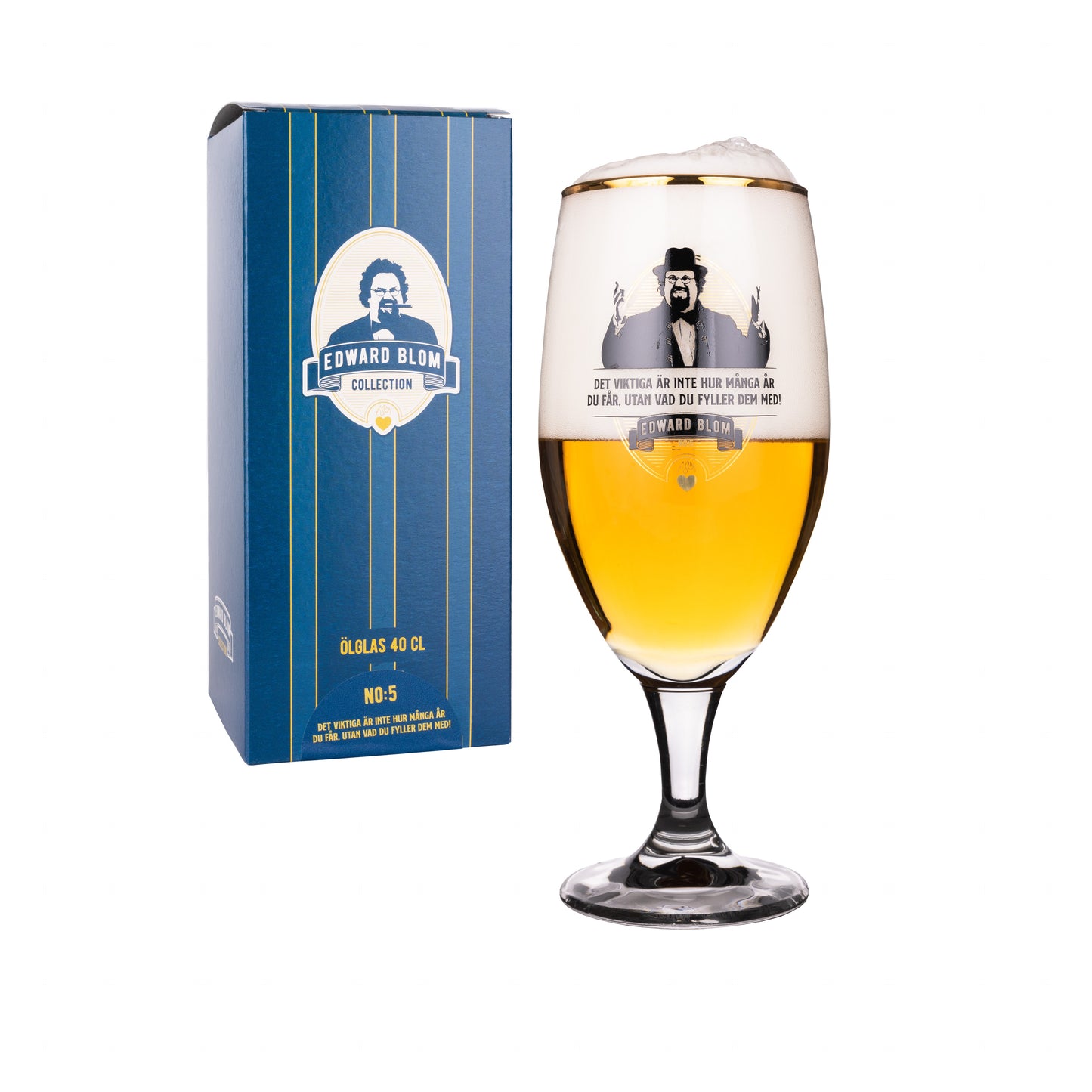 Ölglas, Med citat, Edward Blom, Framsida, Vit bakgrund, Med dryck i, Present kartong, DET VIKTIGA ÄR INTE HUR MÅNGA ÅR DU FÅR, UTAN VAD DU FYLLER DOM MED!