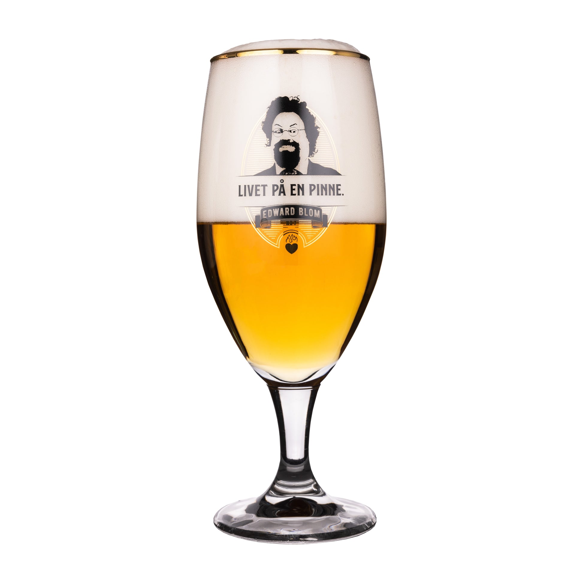 Ölglas, Med citat, Edward Blom, Framsida, Vit bakgrund, Med dryck i, LIVET PÅ EN PINNE.