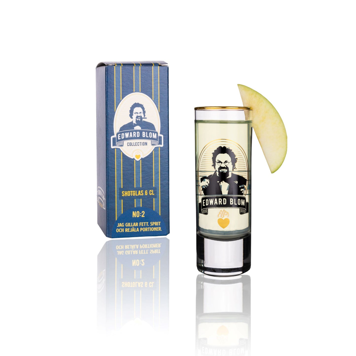 Shotglas, Med citat, Edward Blom, Framsida, Med dryck i, Med frukt fast på toppen, vit bakgrund, Present kartong
