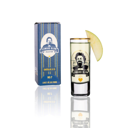 Shotglas, Med citat, Edward Blom, Framsida, Med dryck i, Presentkartong